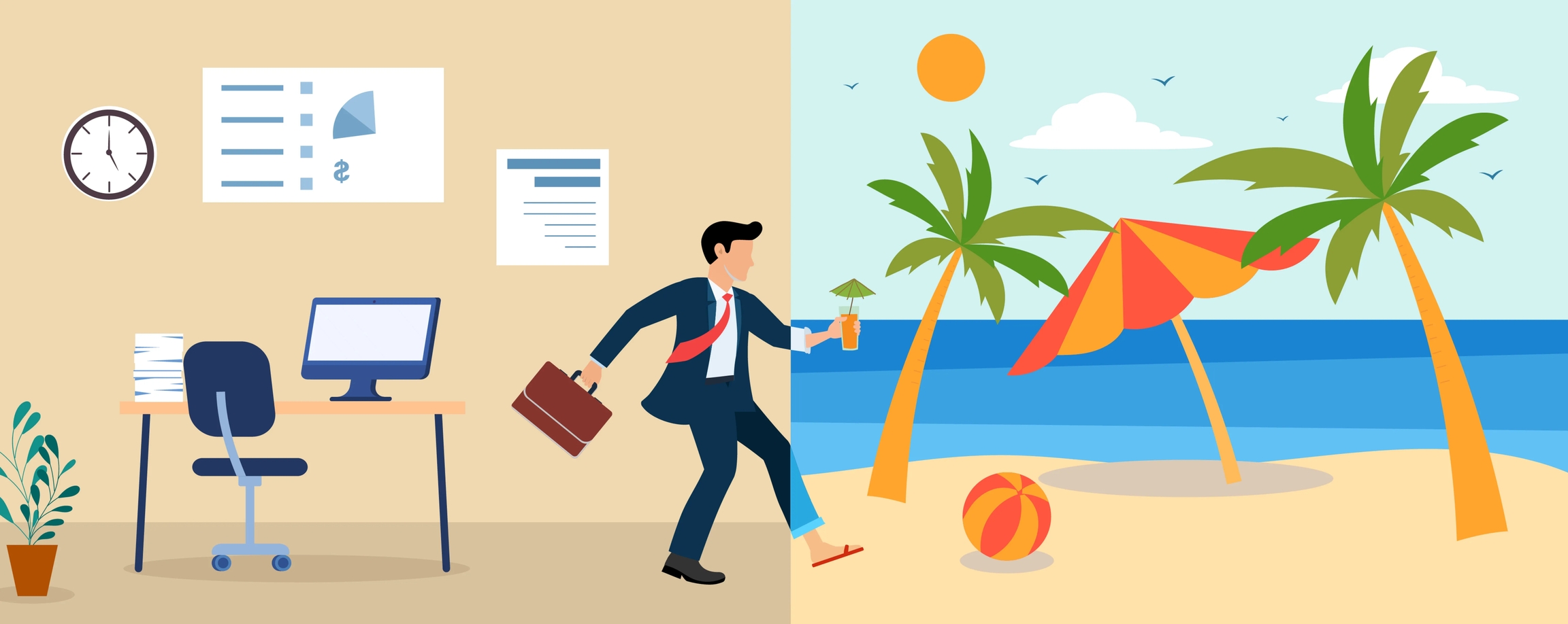 Businessman transitioning from office work to tropical beach vacation scene.