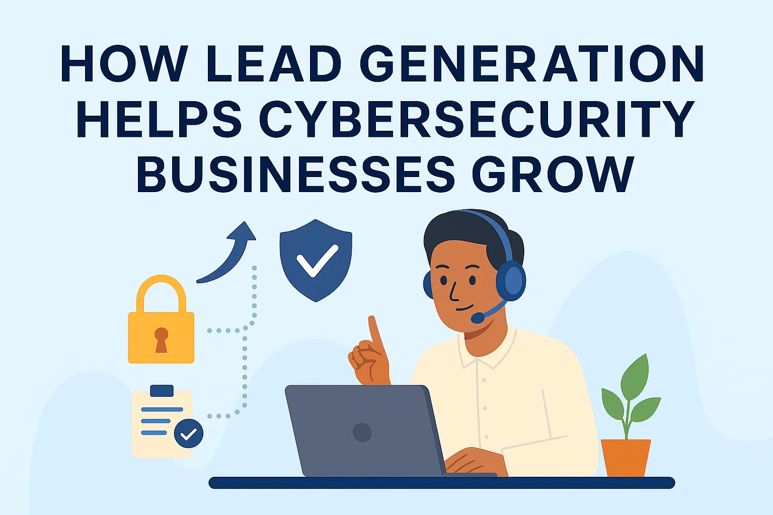 How lead generation helps cybersecurity businesses grow with security icons.