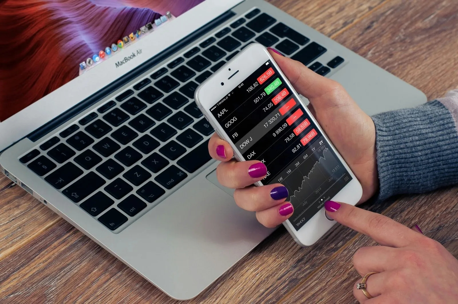 Hand holding smartphone displaying real-time stock trading app and financial charts.
