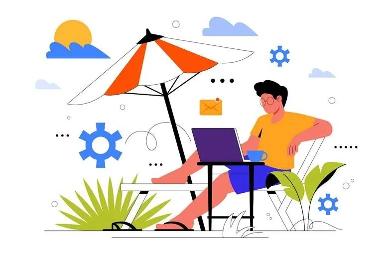 Man working remotely on beach with laptop, umbrella, and coffee.