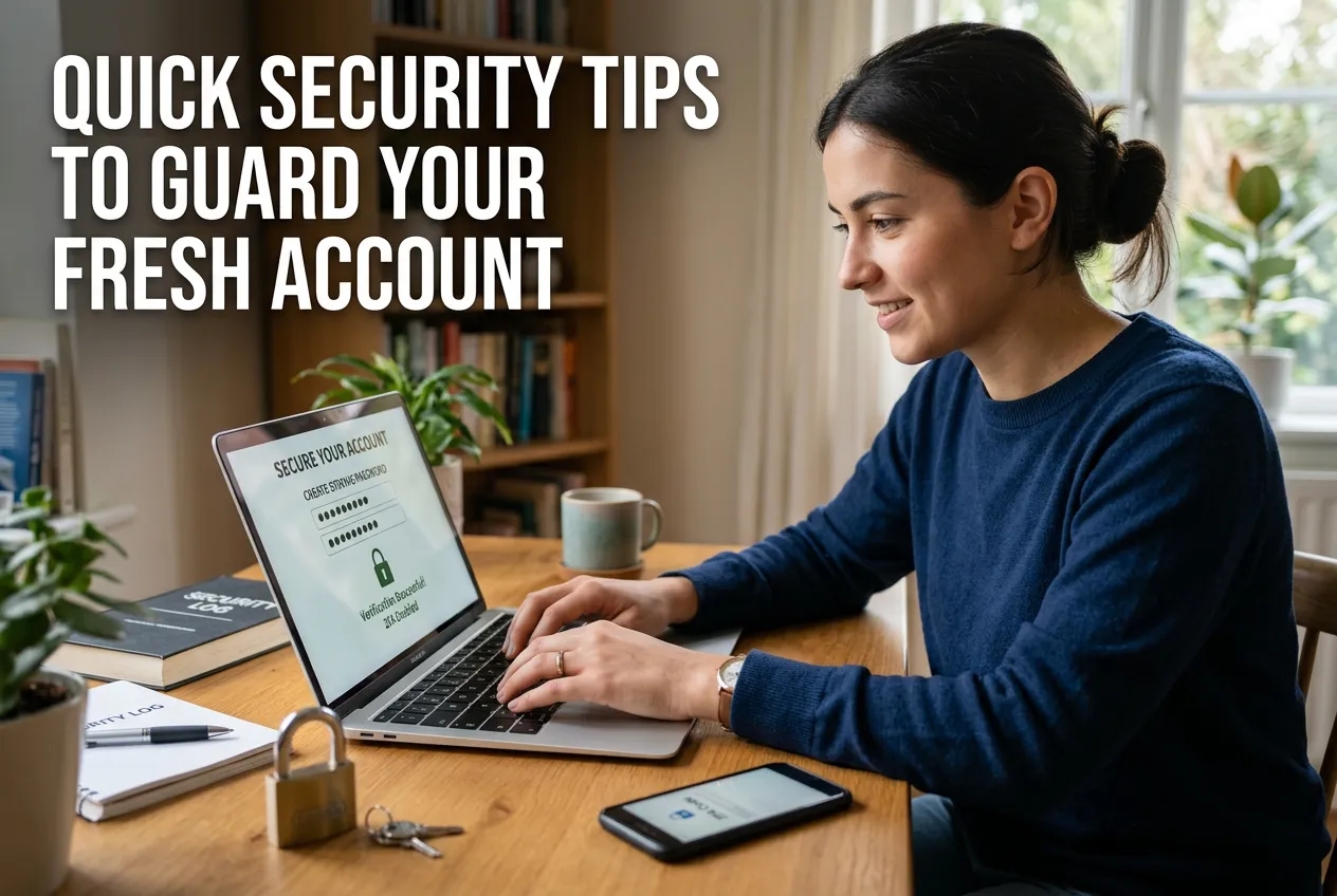 Woman securing fresh account on laptop with quick security tips.