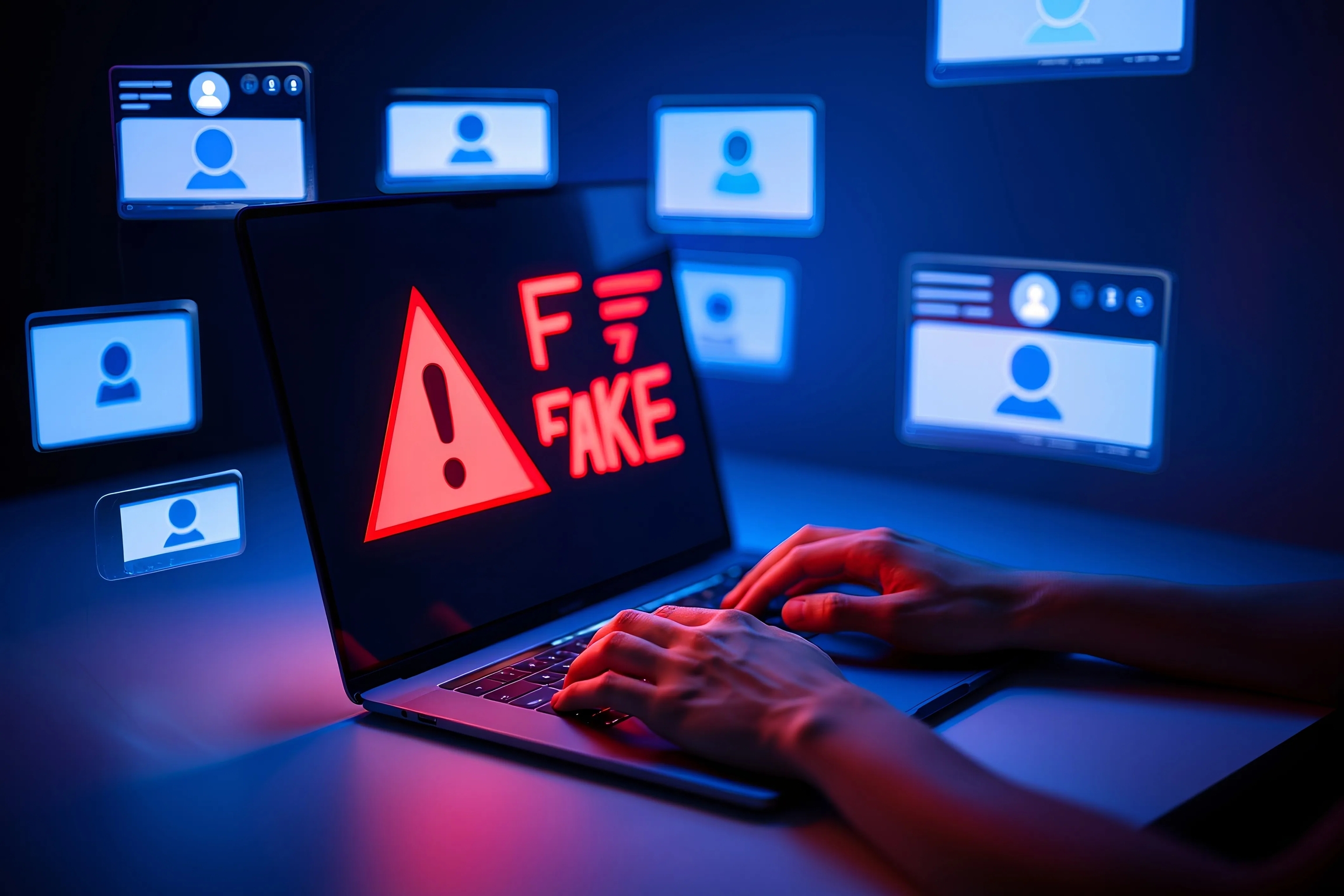 Laptop screen showing FAKE warning with multiple user profile icons.