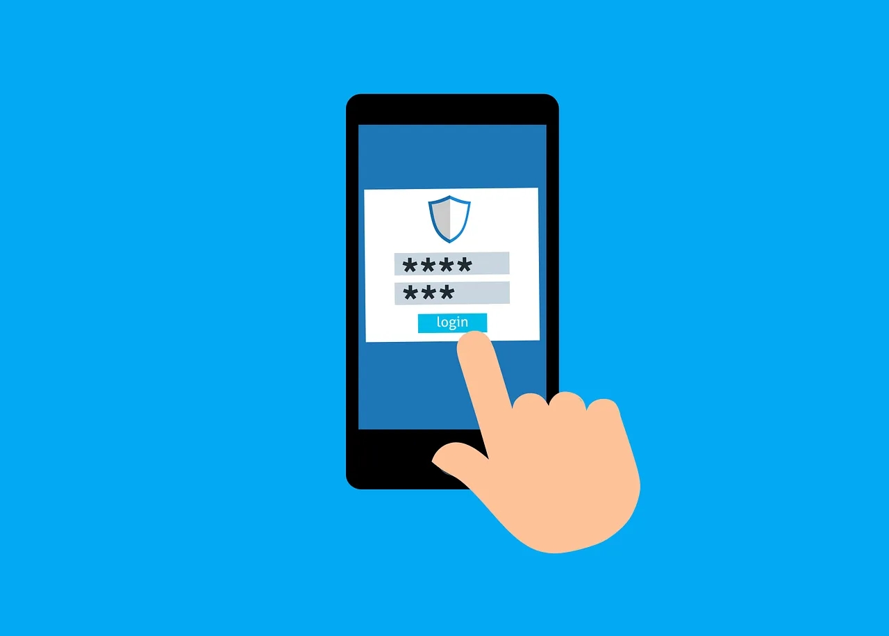 Person tapping login button on smartphone with password security shield.